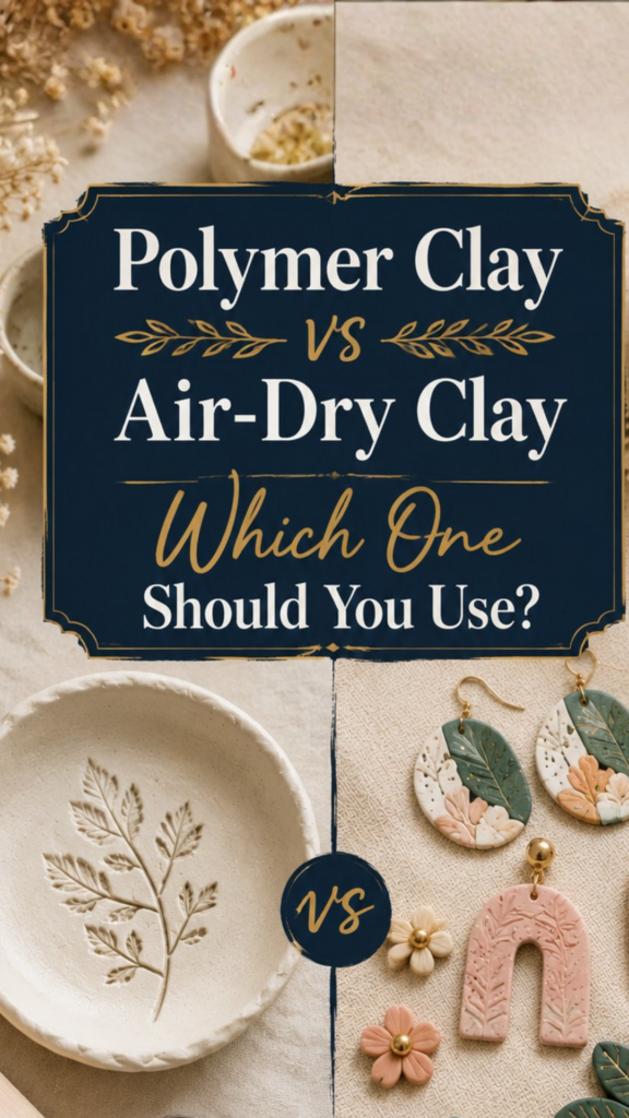Split comparison of a matte air-dry clay dish beside colorful polymer clay earrings and charms on a craft table.