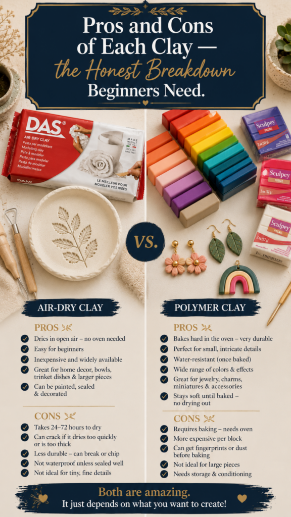 Two-column comparison of air-dry clay on one side and rainbow polymer clay blocks on the other with pros and cons.