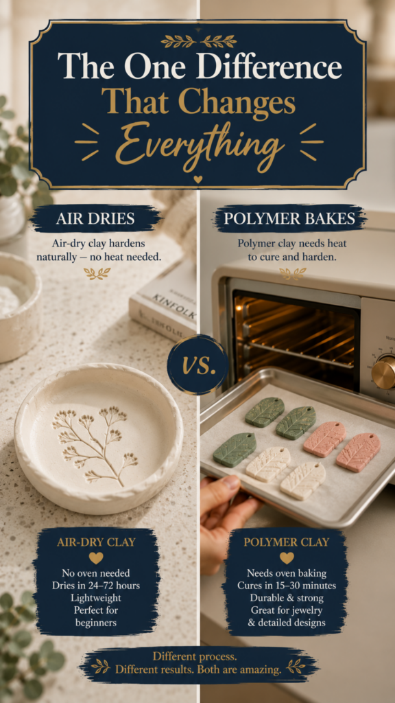 Comparison showing air-dry clay drying in open air versus polymer clay on a tray going into an oven.