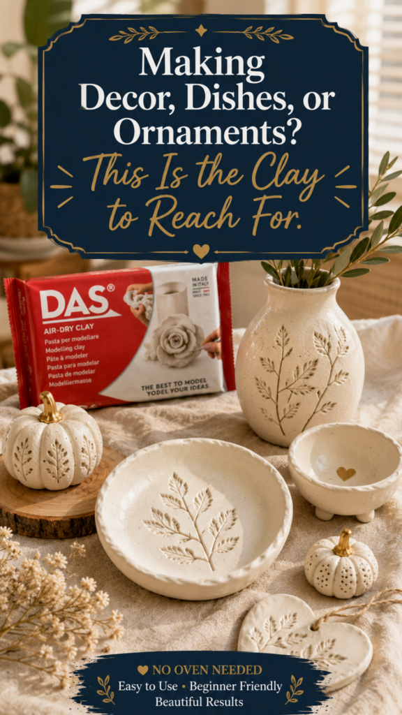 Group of finished air-dry clay projects including a leaf-pressed dish, mini pumpkins, a pinch bowl, and a small vase.