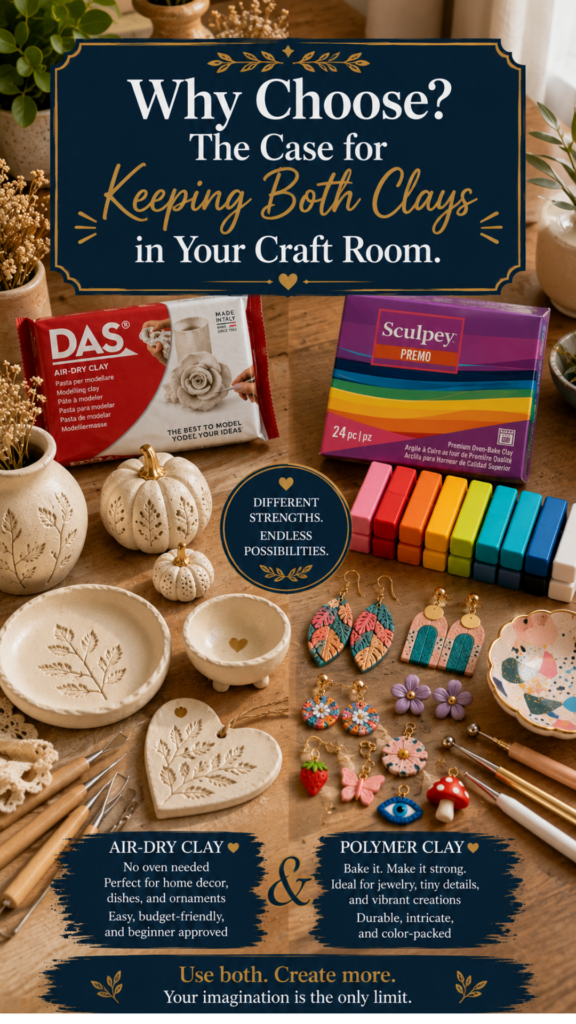 A craft room flat lay showing air-dry clay decor pieces alongside colorful polymer clay jewelry on a wooden table.