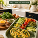 A premium sage green bento box filled with fluffy spinach and cheddar egg bites, fresh cucumber slices, creamy basil pesto, and fresh herbs on a white quartz countertop in a luxury modern farmhouse kitchen with deep navy cabinets, brushed gold hardware, and warm morning sunlight.