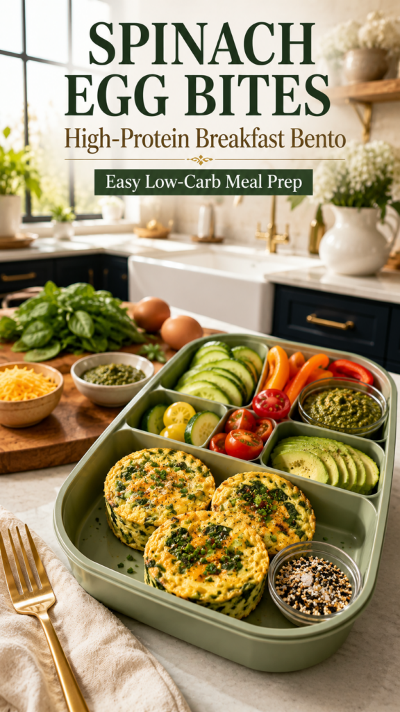 A premium sage green bento box filled with fluffy spinach and cheddar egg bites, fresh cucumber slices, creamy basil pesto, and fresh herbs on a white quartz countertop in a luxury modern farmhouse kitchen with deep navy cabinets, brushed gold hardware, and warm morning sunlight.