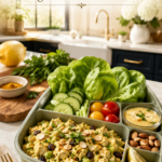 A premium sage green bento box filled with creamy curried chicken salad, crisp butter lettuce cups, cucumber slices, cherry tomatoes, roasted almonds, lemon wedges, and a creamy curry yogurt dipping sauce on a white quartz countertop in a luxury modern farmhouse kitchen with navy cabinets and brushed gold accents.