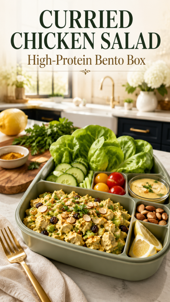 A premium sage green bento box filled with creamy curried chicken salad, crisp butter lettuce cups, cucumber slices, cherry tomatoes, roasted almonds, lemon wedges, and a creamy curry yogurt dipping sauce on a white quartz countertop in a luxury modern farmhouse kitchen with navy cabinets and brushed gold accents.