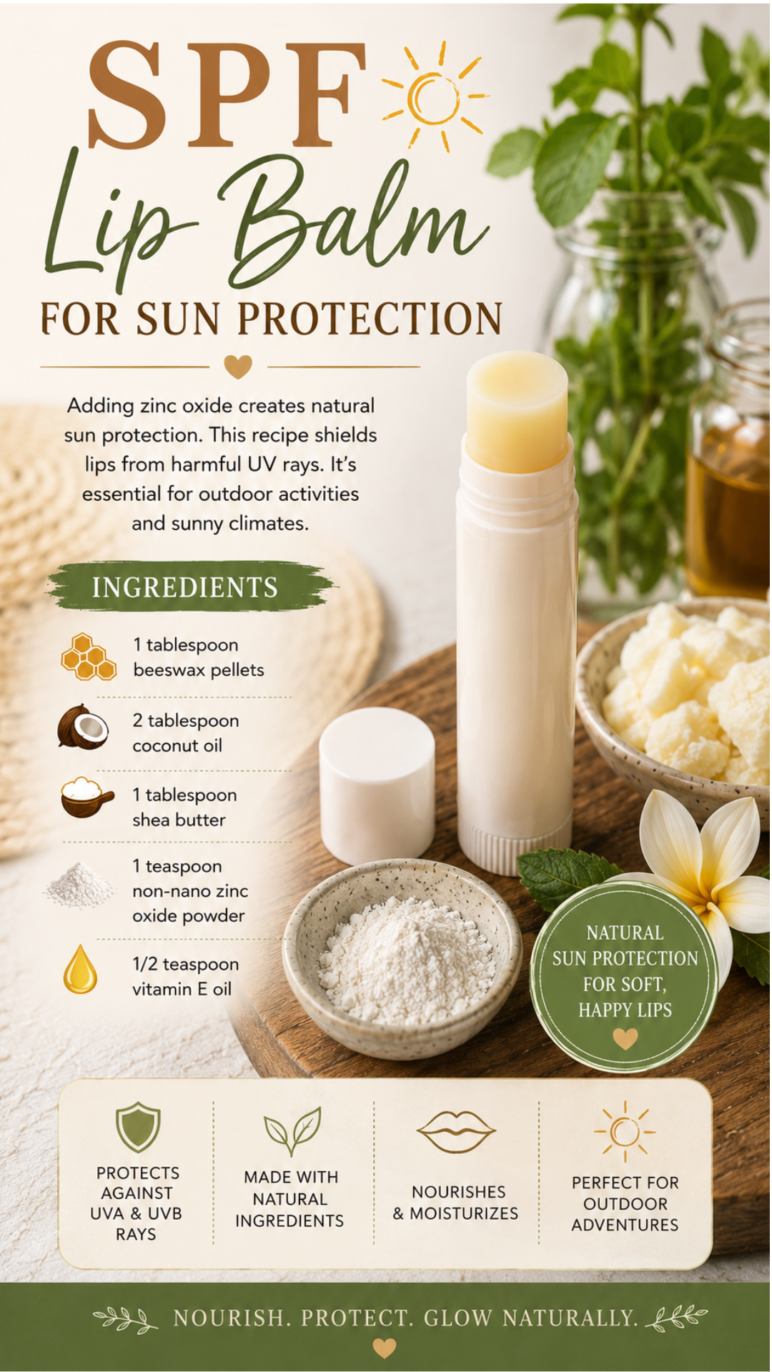 DIY zinc oxide lip balm recipe infographic showing a white lip balm tube on a wooden board with a small bowl of zinc oxide powder, shea butter, fresh herbs, and a jar of oil, listing ingredients including beeswax pellets, coconut oil, shea butter, non-nano zinc oxide, and vitamin E oil.
