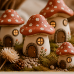 Four tiny air-dry clay mushroom houses with red-and-white spotted caps, sculpted doors, and glowing round windows arranged on a bed of moss with pebbles and a dried flower