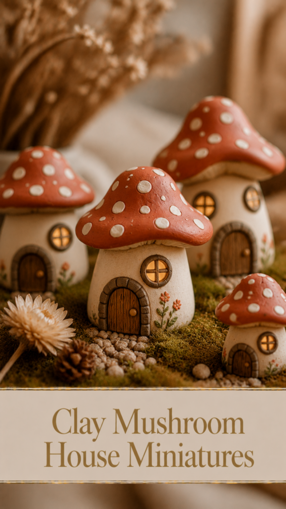 Four tiny air-dry clay mushroom houses with red-and-white spotted caps, sculpted doors, and glowing round windows arranged on a bed of moss with pebbles and a dried flower