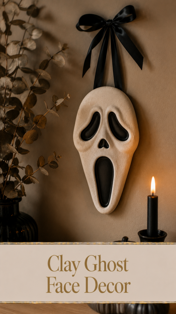 A cream air-dry clay ghost face wall decor piece with elongated oval shape, wide dark eyes, and open mouth, hanging from a black satin ribbon with dried eucalyptus and a lit black taper candle nearby