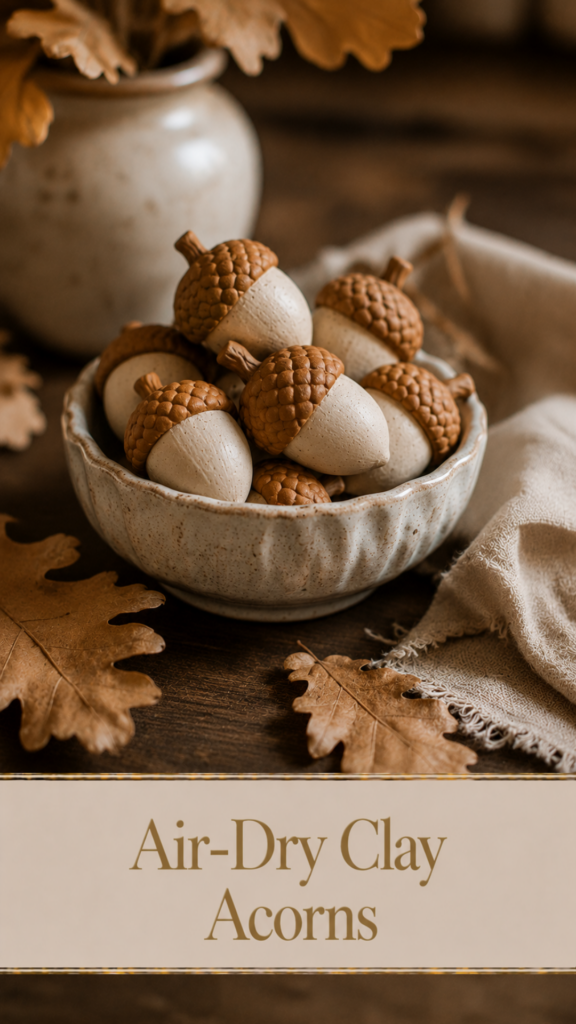 A small ceramic bowl filled with textured air-dry clay acorns with warm brown caps and cream nut bodies, styled with dried oak leaves and a linen napkin on a dark wood surface