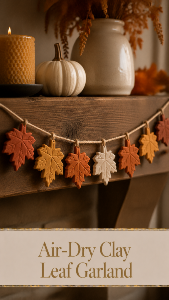An air-dry clay maple leaf garland in warm red, burnt orange, mustard, and cream strung on jute twine, draped across a wooden mantel with a beeswax candle, small white pumpkin, and vase of dried autumn stems