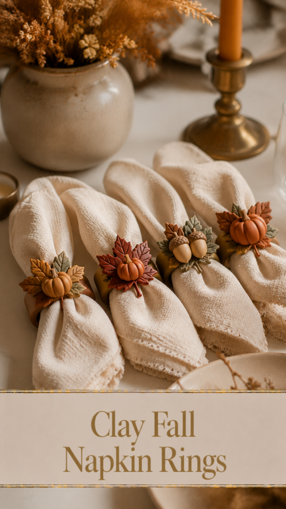 Four air-dry clay napkin rings decorated with sculpted leaves, mini pumpkins, and acorns in warm autumn tones, wrapped around folded cream linen napkins on a fall tablescape with a brass candle holder