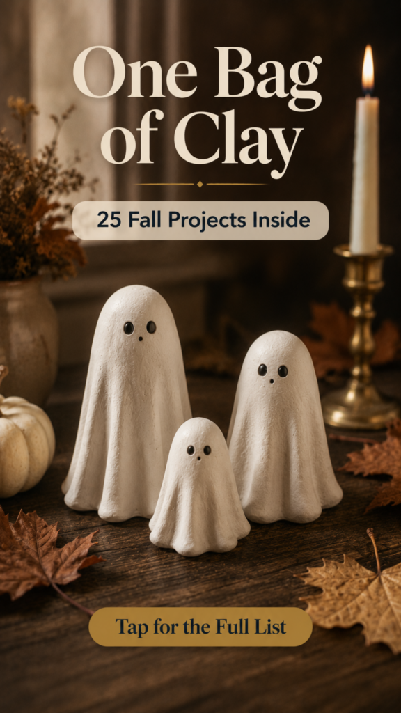 Three standing white air-dry clay ghost figurines with dot eyes on a dark wood surface with fall leaves, a lit taper candle, and a mini white pumpkin, pin titled "One Bag of Clay — 25 Fall Projects Inside"