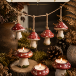 Cottagecore fall vignette with hanging red-and-white spotted air-dry clay mushroom ornaments and lit mushroom candle holders on a dark wood surface surrounded by moss, pinecones, and dried ferns, titled "25 Cozy Clay Ideas for a Cottagecore Fall"