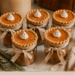 Five glass mason jars topped with air-dry clay pumpkin pie slice toppers with cream whipped topping detail, tied with linen ribbons on a white countertop with dried florals and a rosemary sprig