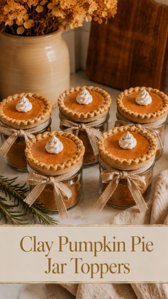 Five glass mason jars topped with air-dry clay pumpkin pie slice toppers with cream whipped topping detail, tied with linen ribbons on a white countertop with dried florals and a rosemary sprig