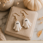 A pair of small white air-dry clay ghost dangle earrings with gold hooks displayed on a linen jewelry pad next to a white pumpkin and dried florals on marble