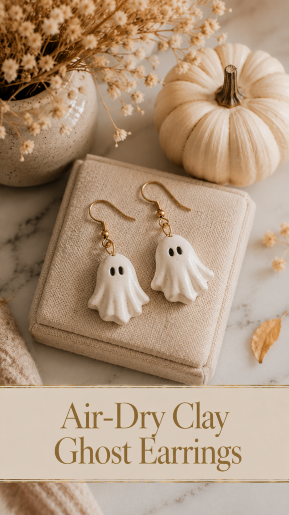 A pair of small white air-dry clay ghost dangle earrings with gold hooks displayed on a linen jewelry pad next to a white pumpkin and dried florals on marble