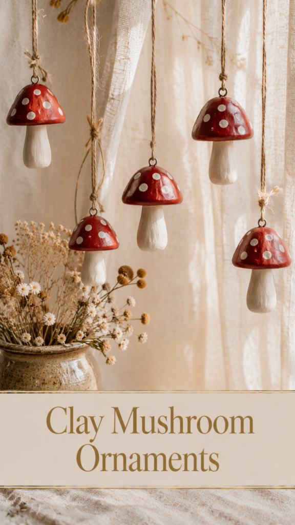Five red-and-white spotted air-dry clay mushroom ornaments hanging on jute twine in front of a cream linen curtain with a vase of dried wildflowers below