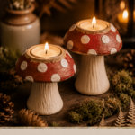 Two air-dry clay mushroom tea light candle holders with red-and-white spotted caps glowing softly on a dark wood surface surrounded by moss, pinecones, and dried ferns
