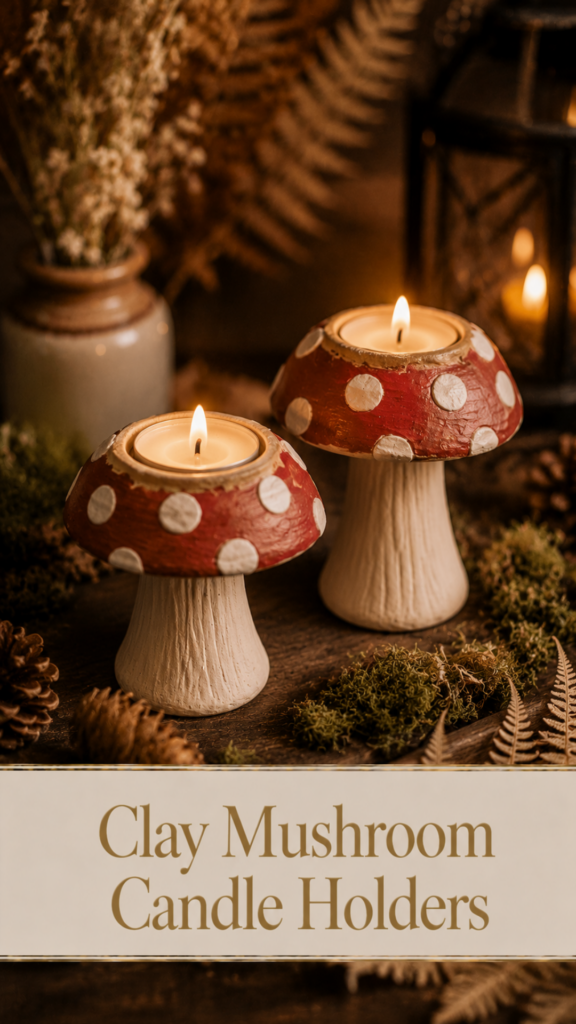 Two air-dry clay mushroom tea light candle holders with red-and-white spotted caps glowing softly on a dark wood surface surrounded by moss, pinecones, and dried ferns
