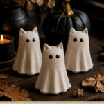 Three small white air-dry clay ghost cat figurines with pointed ears and black dot eyes on a dark wood surface with a black pumpkin, dried leaves, and a lit candle