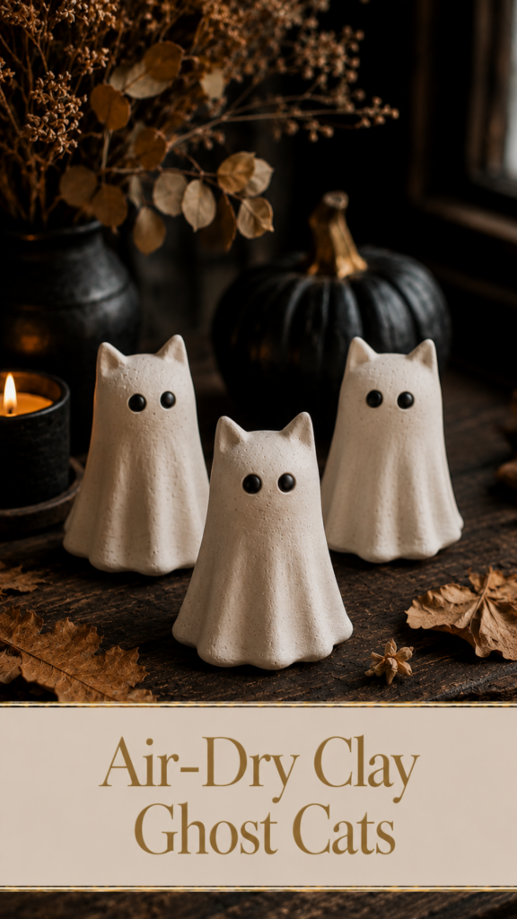 Three small white air-dry clay ghost cat figurines with pointed ears and black dot eyes on a dark wood surface with a black pumpkin, dried leaves, and a lit candle