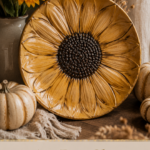 Round air-dry clay decorative plate sculpted and painted as a large sunflower with warm gold petals and a dark textured center, displayed with fresh sunflowers, dried wheat, and mini pumpkins
