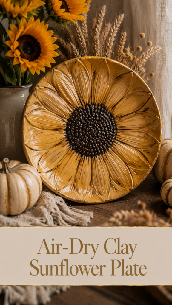 Round air-dry clay decorative plate sculpted and painted as a large sunflower with warm gold petals and a dark textured center, displayed with fresh sunflowers, dried wheat, and mini pumpkins