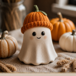 A small white air-dry clay ghost figurine wearing a tiny orange knit pumpkin hat with a green stem, styled on a linen runner with mini pumpkins and dried wheat