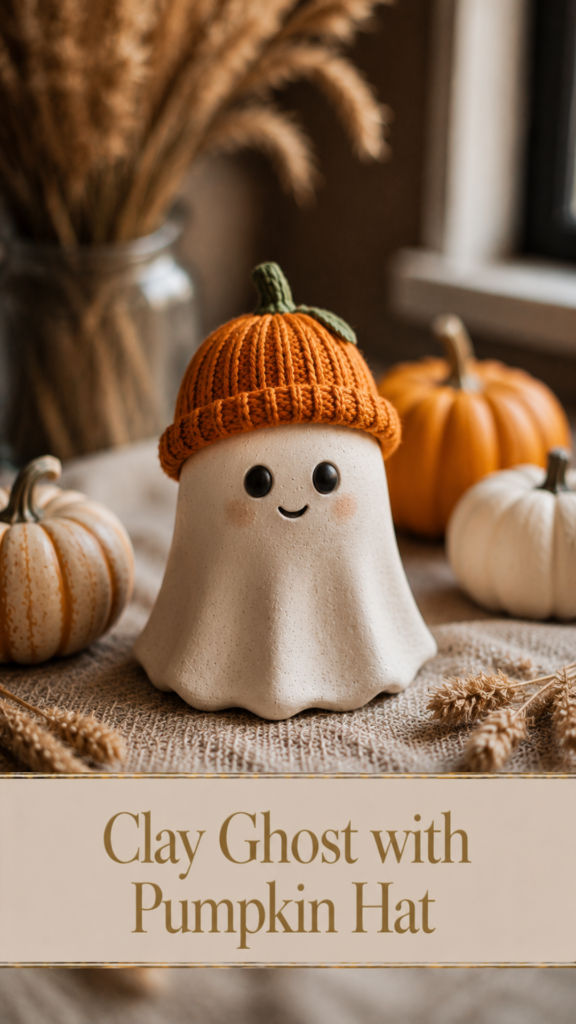 A small white air-dry clay ghost figurine wearing a tiny orange knit pumpkin hat with a green stem, styled on a linen runner with mini pumpkins and dried wheat