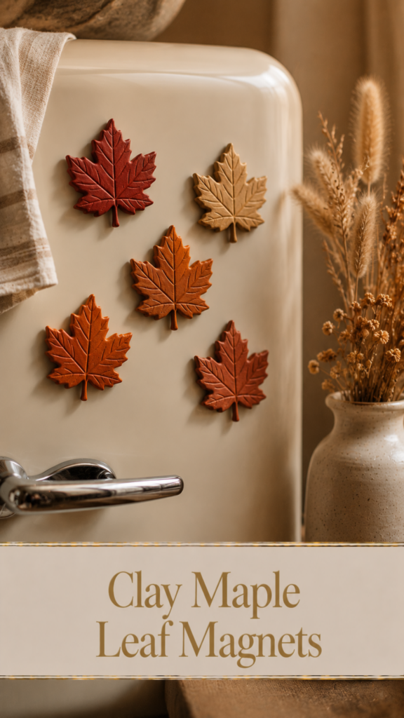 Five air-dry clay maple leaf magnets in warm red, burnt orange, and gold displayed on a cream vintage-style refrigerator with a striped linen tea towel and a vase of dried grasses