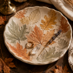 Round air-dry clay leaf-pressed catch-all dish with detailed maple and oak leaf imprints hand-washed in warm burnt orange, mustard gold, and sage green over a natural cream base, holding a gold ring, clear quartz crystal point, and dried lavender sprig, styled on a dark walnut wood surface with a lit beeswax taper candle in a brass holder, a white pumpkin, a linen napkin, and scattered dried maple leaves