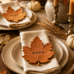 Two handmade air-dry clay maple leaf place cards in warm terracotta stamped with the names "emma" and "noah" in lowercase serif letters, resting on folded cream linen napkins over cream speckled stoneware plates with matte gold cutlery, styled on a warm oak wood dining table with a stoneware vase of dried autumn florals, brass candlesticks with lit beeswax tapers, and mini white pumpkins in golden hour light