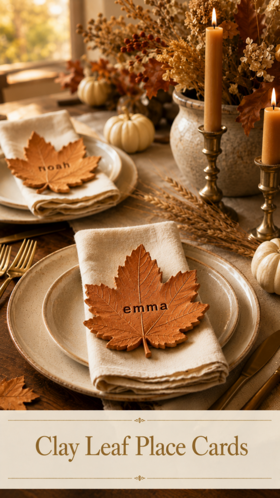 Two handmade air-dry clay maple leaf place cards in warm terracotta stamped with the names "emma" and "noah" in lowercase serif letters, resting on folded cream linen napkins over cream speckled stoneware plates with matte gold cutlery, styled on a warm oak wood dining table with a stoneware vase of dried autumn florals, brass candlesticks with lit beeswax tapers, and mini white pumpkins in golden hour light