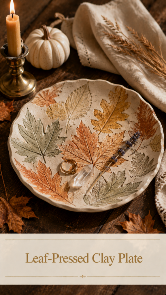 Round air-dry clay leaf-pressed catch-all dish with detailed maple and oak leaf imprints hand-washed in warm burnt orange, mustard gold, and sage green over a natural cream base, holding a gold ring, clear quartz crystal point, and dried lavender sprig, styled on a dark walnut wood surface with a lit beeswax taper candle in a brass holder, a white pumpkin, a linen napkin, and scattered dried maple leaves