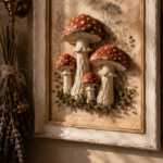 Framed mixed-media wall art with 3D red-capped air-dry clay toadstools with white polka dots mounted on a vintage botanical paper background inside a distressed cream and gold frame, hung on a warm neutral wall beside a brass wall sconce with a lit taper candle and a hanging dried lavender bundle