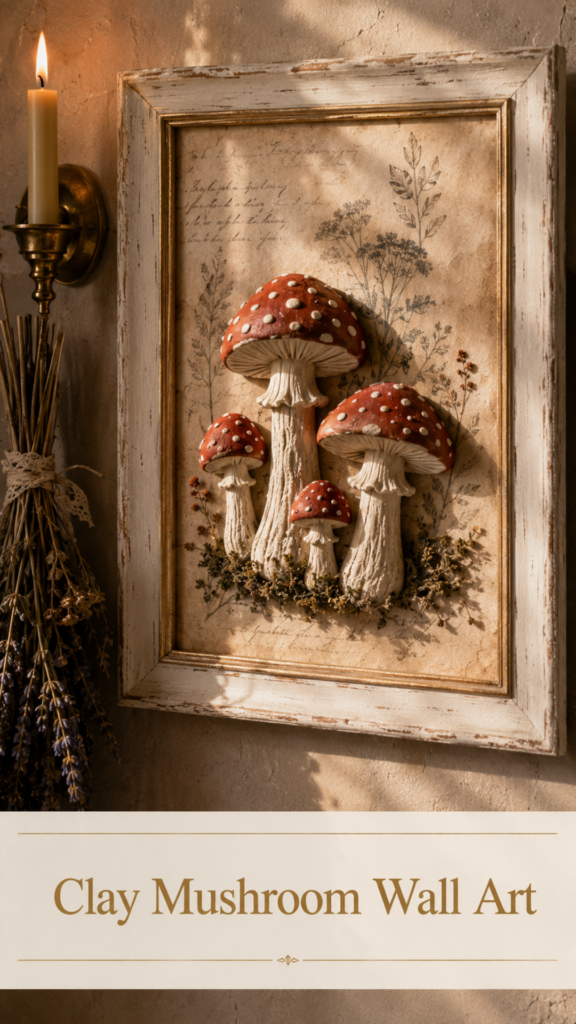 Framed mixed-media wall art with 3D red-capped air-dry clay toadstools with white polka dots mounted on a vintage botanical paper background inside a distressed cream and gold frame, hung on a warm neutral wall beside a brass wall sconce with a lit taper candle and a hanging dried lavender bundle
