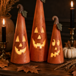 Three tall air-dry clay jack-o'-lantern cone figures in graduated heights with carved glowing yellow faces and curled brown stems, arranged on a dark wood mantel with dried maple leaves, black taper candles in brass holders, a mini white pumpkin, and dried grasses