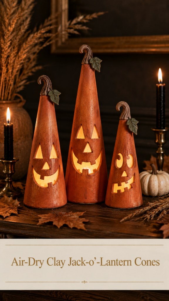Three tall air-dry clay jack-o'-lantern cone figures in graduated heights with carved glowing yellow faces and curled brown stems, arranged on a dark wood mantel with dried maple leaves, black taper candles in brass holders, a mini white pumpkin, and dried grasses