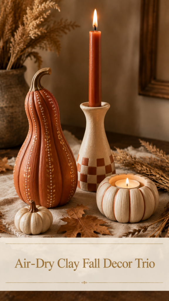 Coordinated air-dry clay fall decor trio featuring a tall terracotta sculpted gourd with hand-painted cream and gold dot detail, a cream candlestick with terracotta checkered base holding a burnt-orange taper candle, and a small pumpkin-shaped tea light holder with a glowing tea light, styled on a cream linen runner with dried leaves and wheat