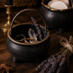 Two matte black air-dry clay cauldron trinket bowls with three sculpted legs, thin arched handles, and gold rim detail on a dark walnut surface — one holding gold and silver rings with a clear quartz crystal and dried lavender sprig, the other holding cotton rounds — styled with a lit black taper candle and a bundle of dried lavender
