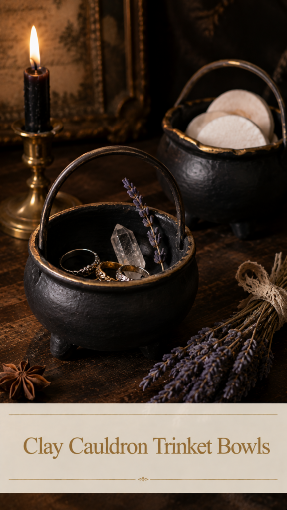 Two matte black air-dry clay cauldron trinket bowls with three sculpted legs, thin arched handles, and gold rim detail on a dark walnut surface — one holding gold and silver rings with a clear quartz crystal and dried lavender sprig, the other holding cotton rounds — styled with a lit black taper candle and a bundle of dried lavender