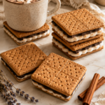 Stacked square air-dry clay s'mores coasters with graham-cracker-textured tops, dark chocolate slabs, and puffy marshmallow layers, styled with a speckled cream mug of hot cocoa topped with mini marshmallows, cinnamon sticks, and a dried lavender sprig on a white countertop