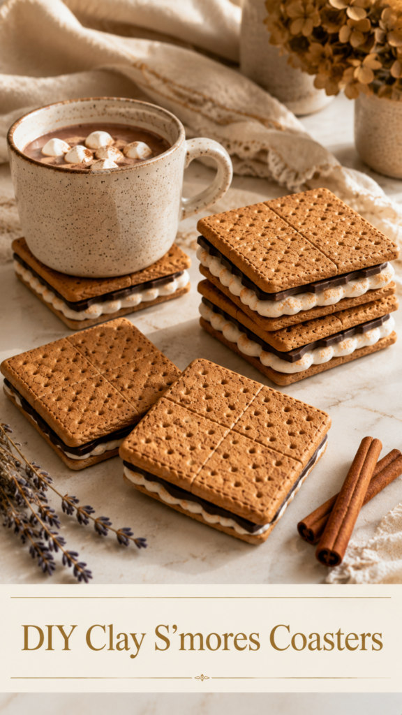 Stacked square air-dry clay s'mores coasters with graham-cracker-textured tops, dark chocolate slabs, and puffy marshmallow layers, styled with a speckled cream mug of hot cocoa topped with mini marshmallows, cinnamon sticks, and a dried lavender sprig on a white countertop