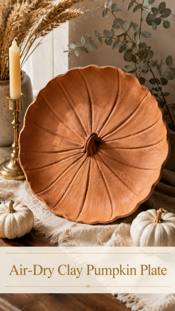 Large air-dry clay decorative plate in warm terracotta with curved ridge lines radiating out from a twisted knotted center stem, edges lifting gently upward, displayed leaning against dried pampas grass and eucalyptus with a brass candlestick, mini white pumpkins, and a cream fringed linen runner