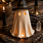 A standing matte white air-dry clay ghost tealight candle holder with warm glowing dot eyes and a small lit tea light beneath, topped with a black pointed witch hat with a gold star and gold trim, styled on a dark wood surface with dried lavender, dried eucalyptus, black taper candles in brass holders, and a clear quartz crystal