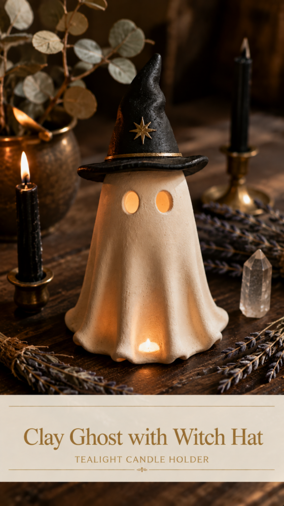 A standing matte white air-dry clay ghost tealight candle holder with warm glowing dot eyes and a small lit tea light beneath, topped with a black pointed witch hat with a gold star and gold trim, styled on a dark wood surface with dried lavender, dried eucalyptus, black taper candles in brass holders, and a clear quartz crystal