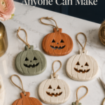 Six small handmade air dry clay pumpkin ornaments with hand-carved smiling triangle eyes and toothy grins, painted in warm cinnamon, sage green, and cream, threaded with jute twine loops, arranged on a light wood kitchen counter with soft natural window light.