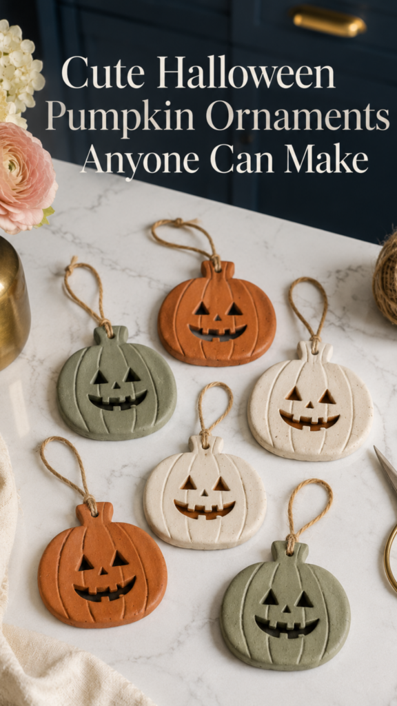 Six small handmade air dry clay pumpkin ornaments with hand-carved smiling triangle eyes and toothy grins, painted in warm cinnamon, sage green, and cream, threaded with jute twine loops, arranged on a light wood kitchen counter with soft natural window light.